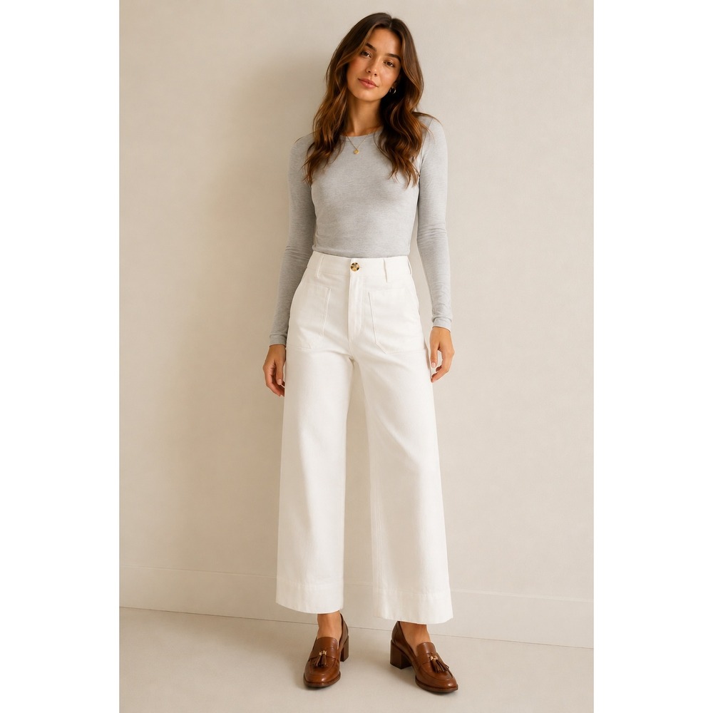 Quince White Organic Cotton Stretch Chino Cropped Wide Leg Pants 10 Coastal Chic